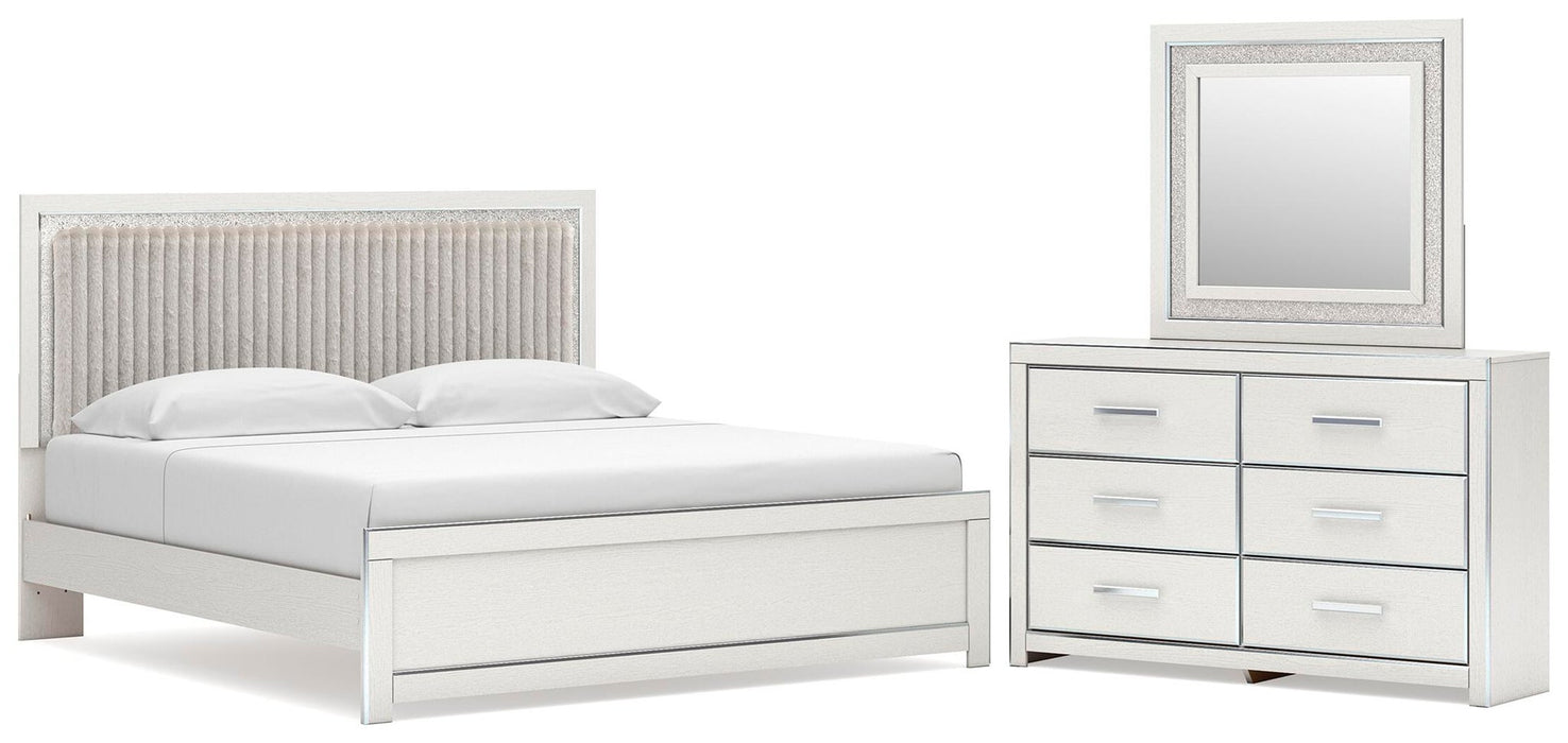 Birmonton King Upholstered Panel Platform Bed, Dresser and Mirror