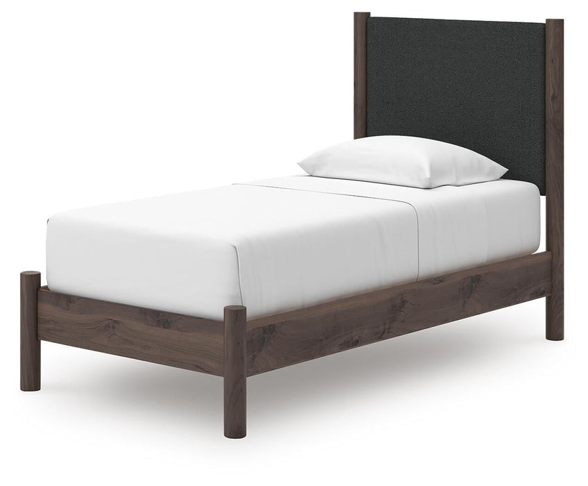 Cadmori Twin Upholstered Panel Platform Bed, Dresser, Mirror and Nightstand