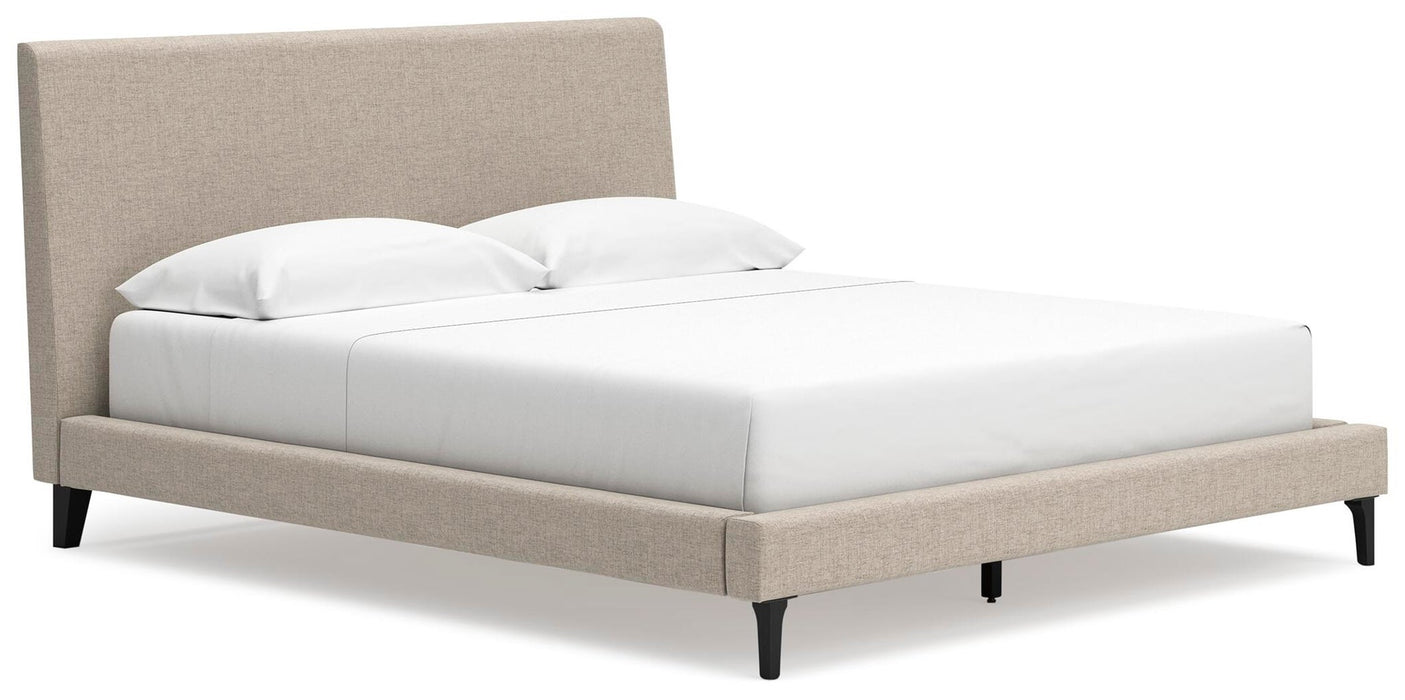Cielden California King Upholstered Bed with Roll Slats, Dresser and Mirror