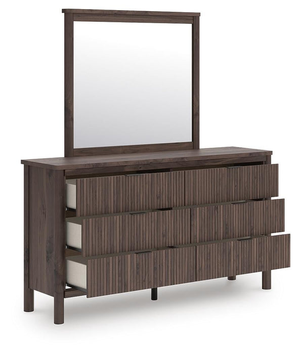 Cadmori Full Upholstered Panel Platform Bed, Dresser, Mirror, Chest and Nightstand