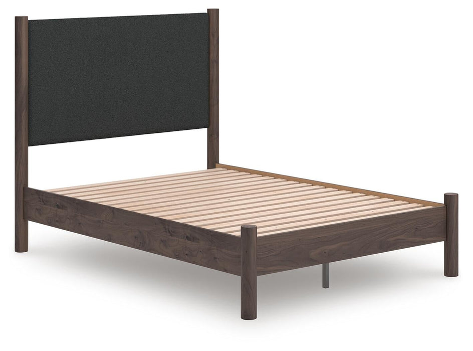 Cadmori Full Upholstered Panel Platform Bed, Dresser, Mirror, Chest and Nightstand