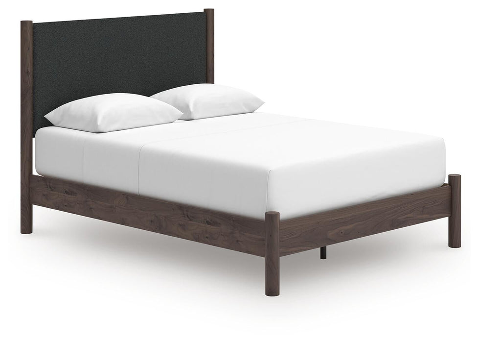 Cadmori Queen Upholstered Panel Platform Bed, Dresser, Mirror, Chest and Nightstand