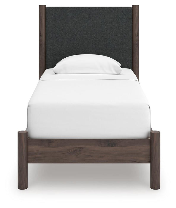 Cadmori Twin Upholstered Panel Platform Bed, Dresser and Mirror