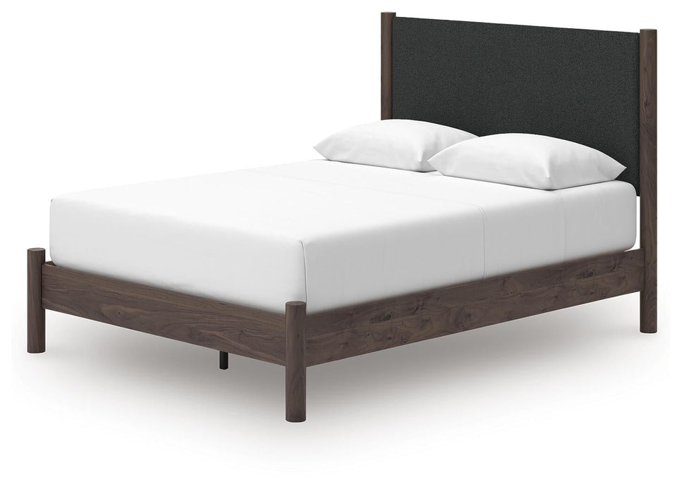 Cadmori Queen Upholstered Panel Platform Bed, Dresser and Mirror