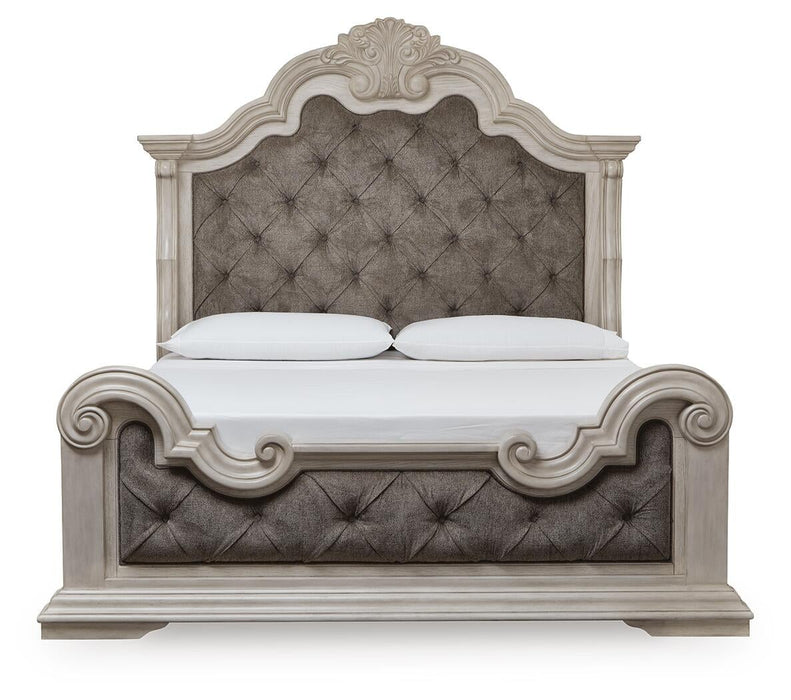 Andonhall California King Upholstered Panel Bed with Mirrored Dresser
