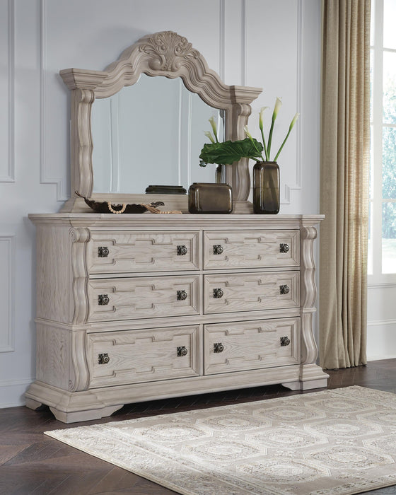 Andonhall California King Upholstered Panel Bed with Mirrored Dresser