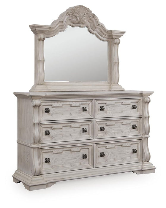 Andonhall King Upholstered Panel Bed with Mirrored Dresser and Nightstand