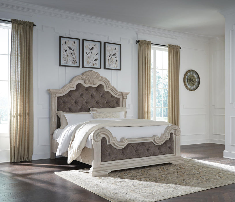 Andonhall King Upholstered Panel Bed with Mirrored Dresser and Nightstand