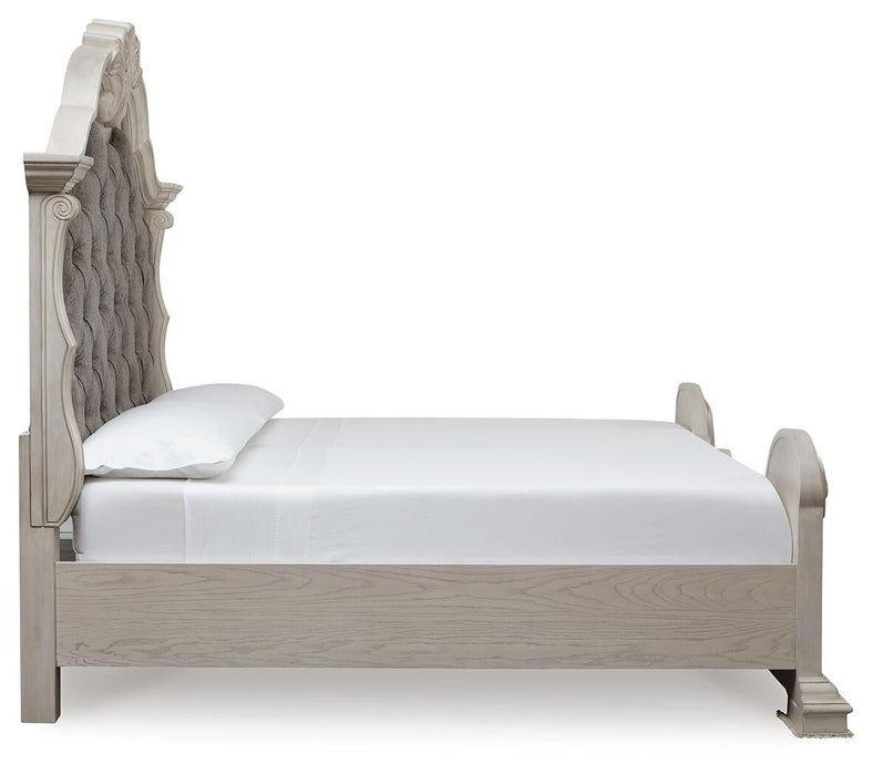 Andonhall California King Upholstered Panel Bed with Mirrored Dresser and Nightstand