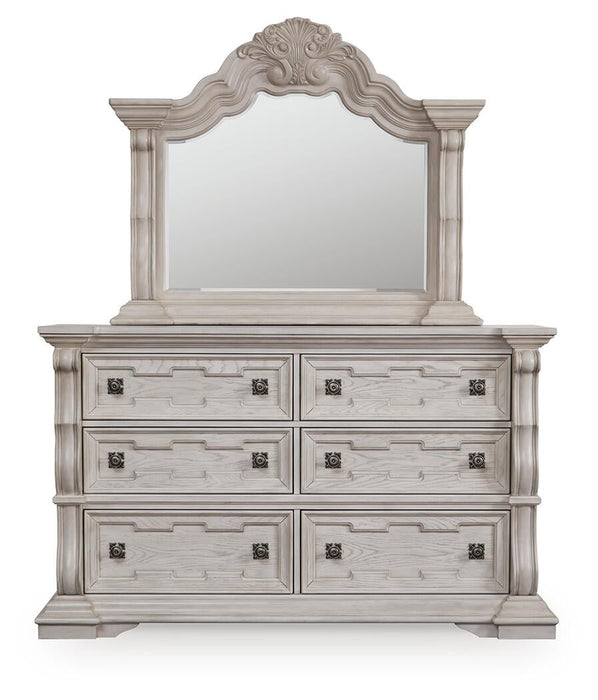 Andonhall King Upholstered Panel Bed with Mirrored Dresser