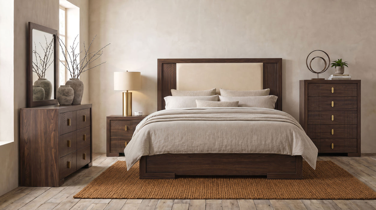 Etienne Eastern King Velvet Upholstered Panel Bed Walnut