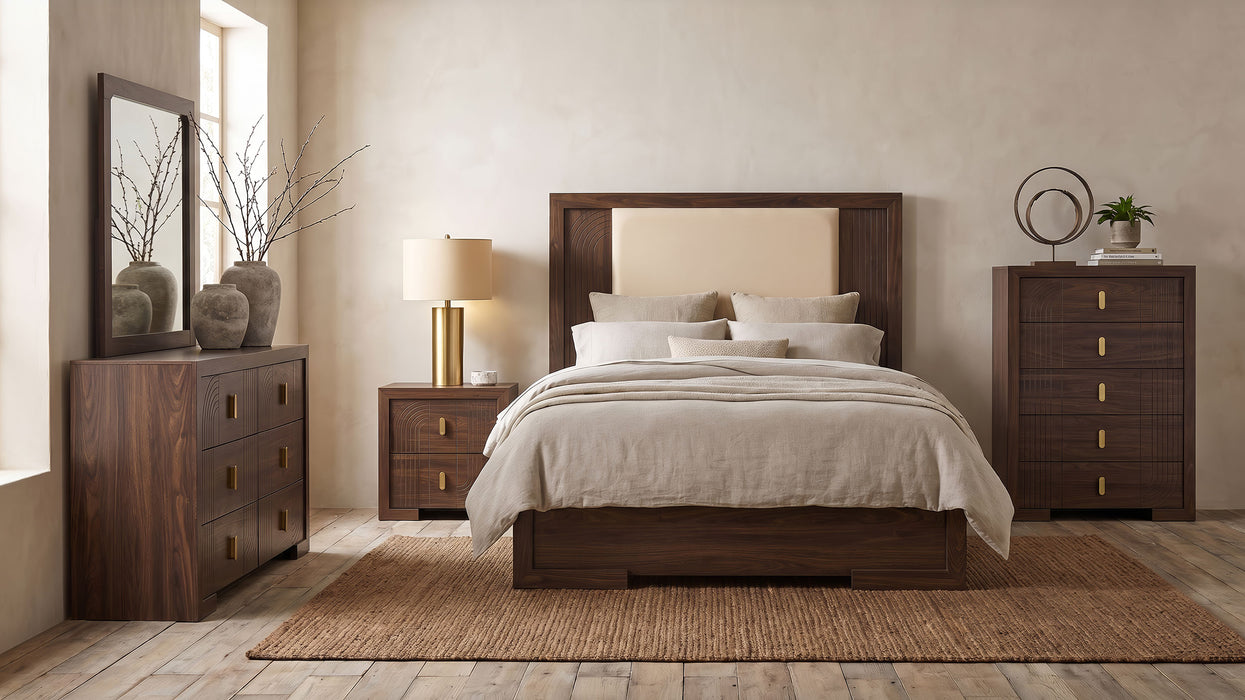 Etienne Eastern King Velvet Upholstered Panel Bed Walnut