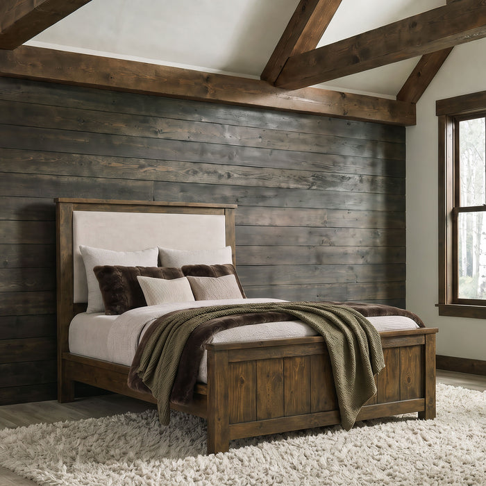 Doherty Queen Linen Upholstered Panel Bed Rustic Brown