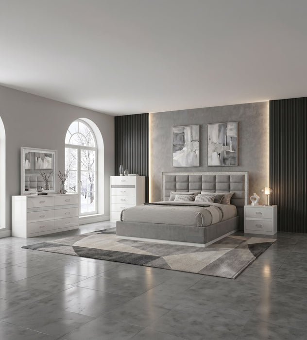 Viana Queen Chenille Platform Bed Grey and White High Gloss