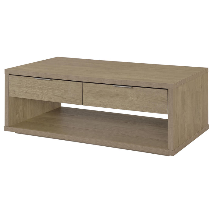 Ingram 2-Drawer Rectangular Coffee Table with Open Shelf Latte
