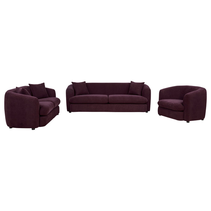 Delroy 3-Piece Stationary Sofa Set Aubergine Polyester Upholstery