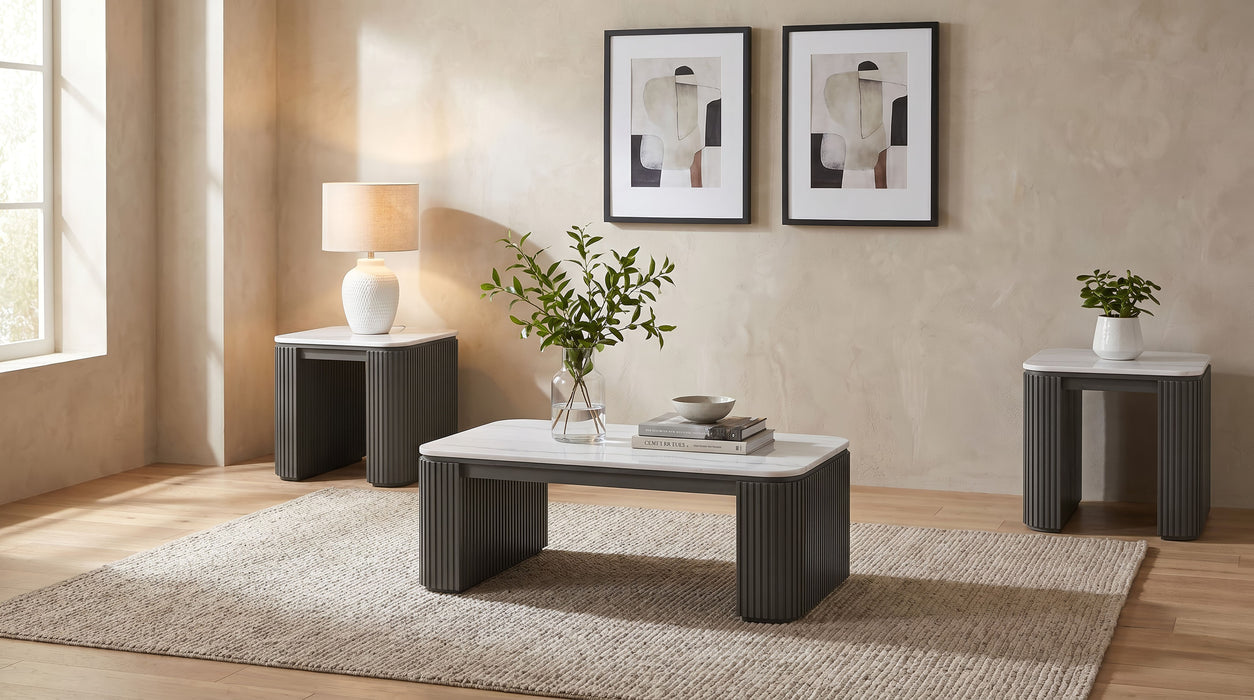 Lior 3-Piece Rectangular Marble Top Coffee and End Table Set Charcoal