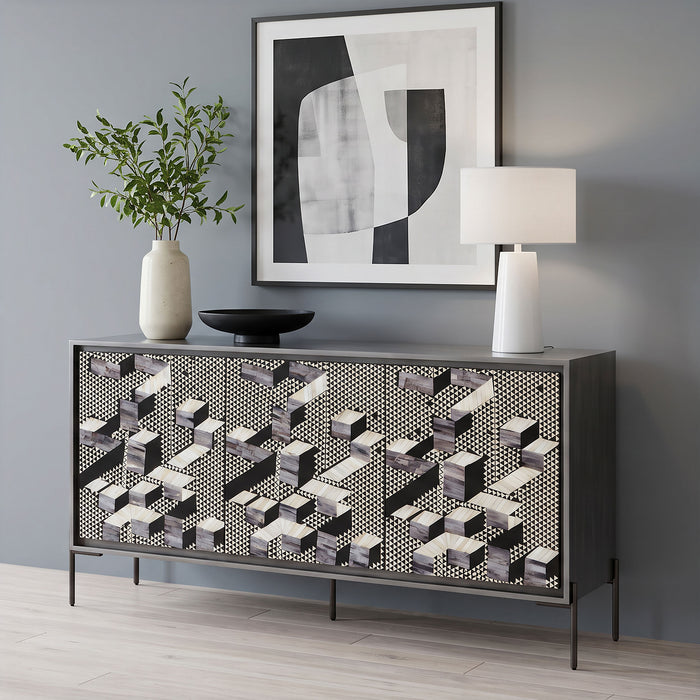Krause 3-door Bone Inlay Accent Cabinet Grey and Black